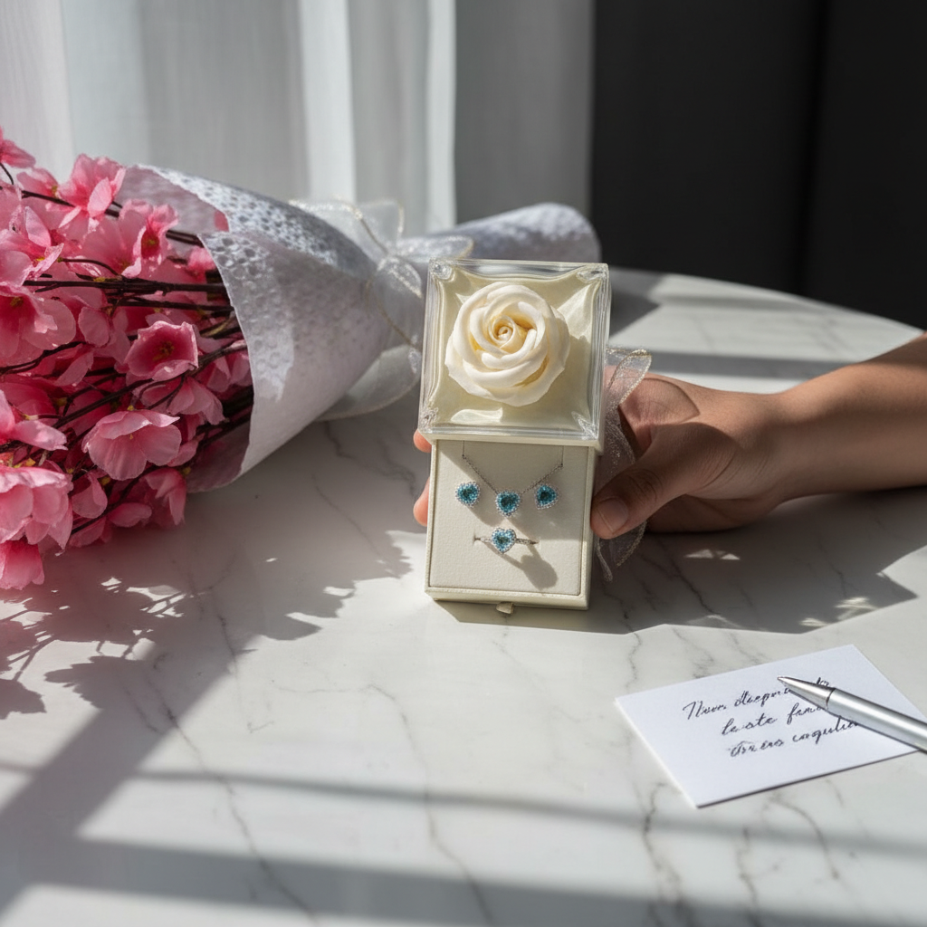 Coffret Bijoux Cœur en Argent & Rose Éternelle