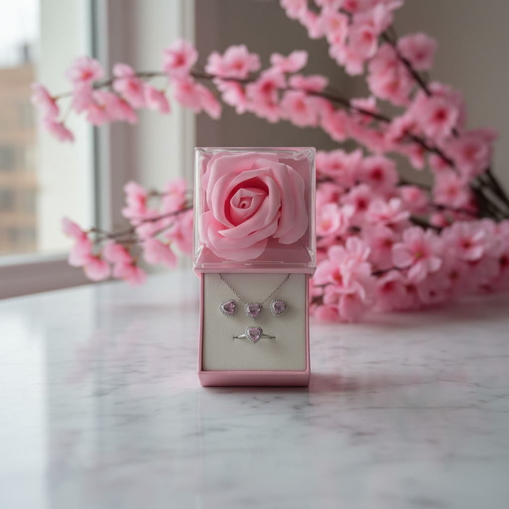 Coffret Bijoux Cœur en Argent & Rose Éternelle