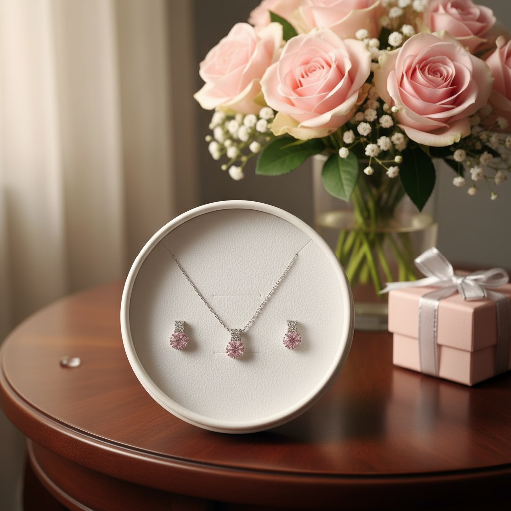 Parure Bijoux en Argent avec Pierres Roses