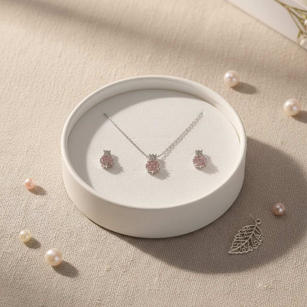 Parure Bijoux en Argent avec Pierres Roses