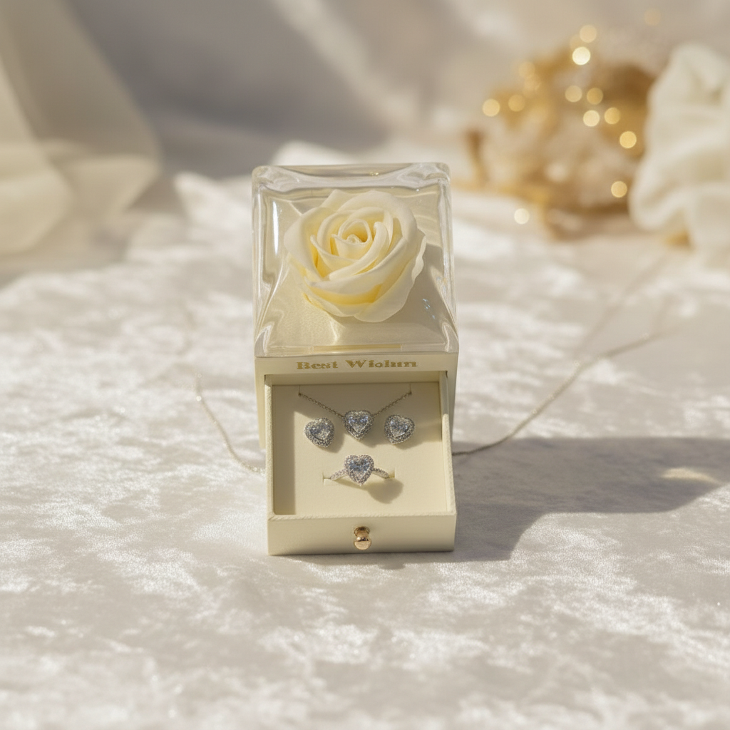 Coffret Bijoux Cœur en Argent & Rose Éternelle